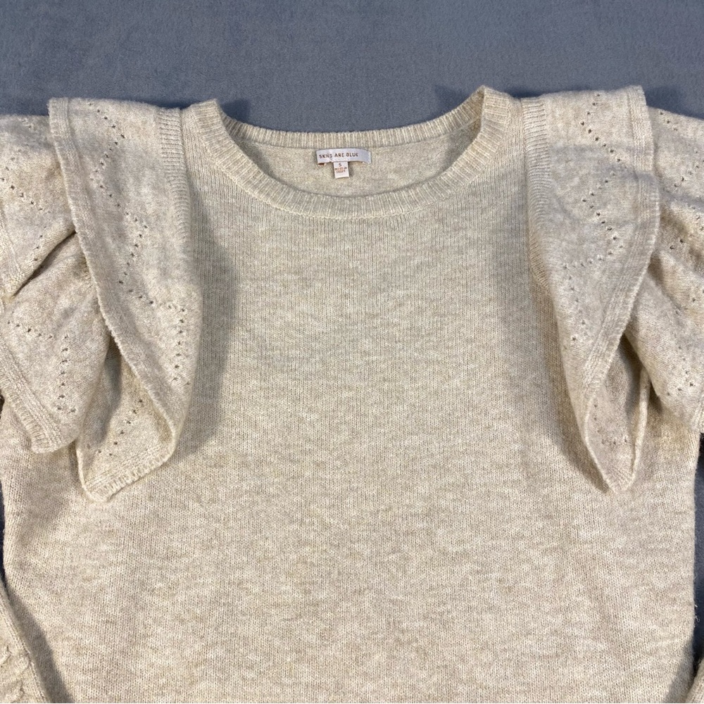 Skies Are Blue Women’s Soft Beige/Oatmeal Sweater with Ruffle Long Sleeve,size S - Picture 2 of 11